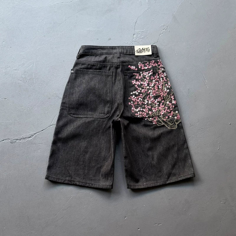 Derschutze Inspired Vintage Plum Blossom Embroidery Jean Shorts