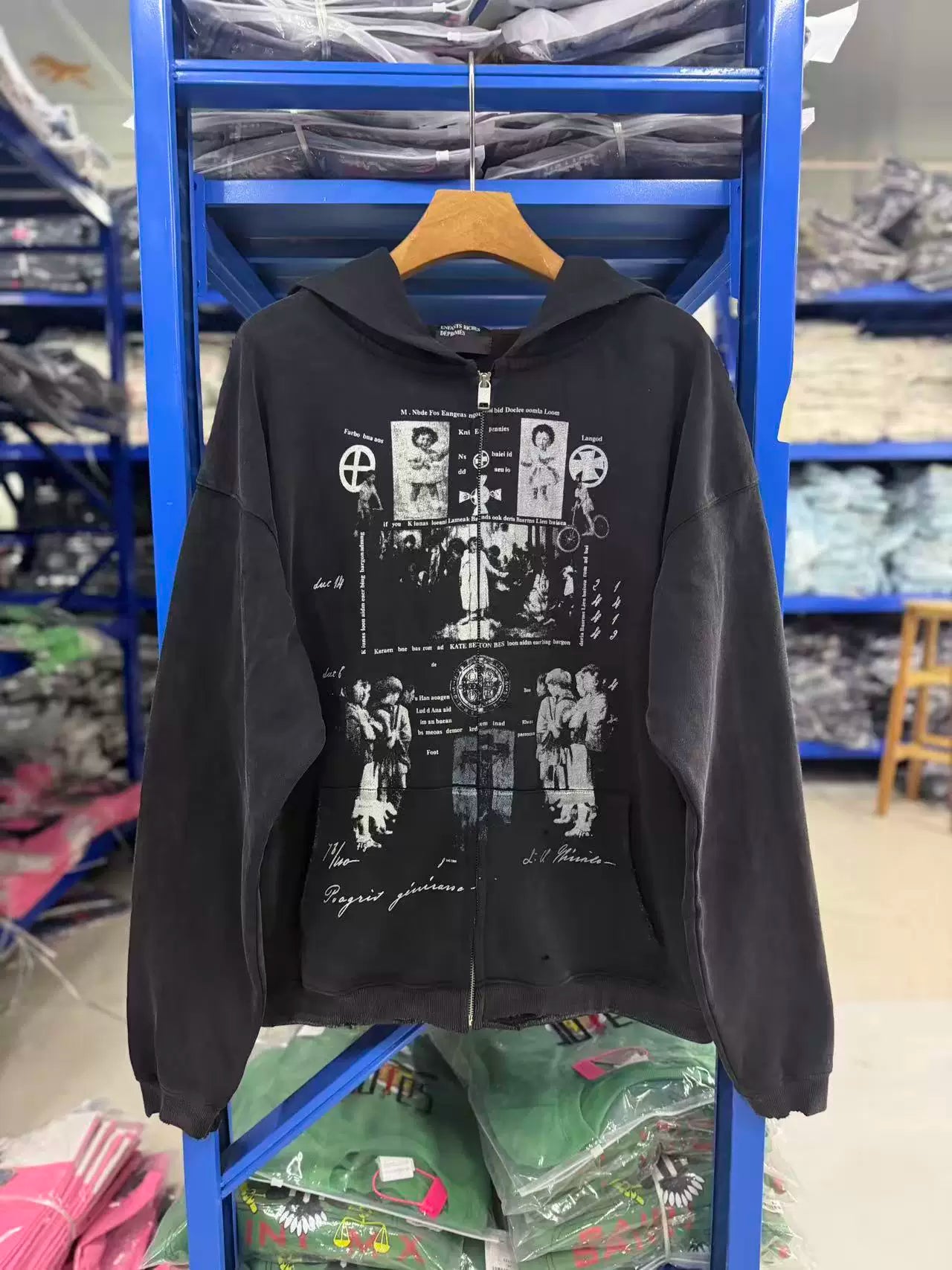 ERD Inspired Slogan Washed Black Zip Hoodie Coat