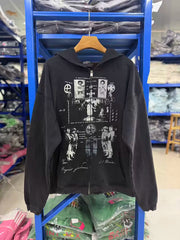 ERD Inspired Slogan Washed Black Zip Hoodie Coat