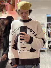 ERD Inspired Cartoon Portrait Jacquard Beige Knit Sweater