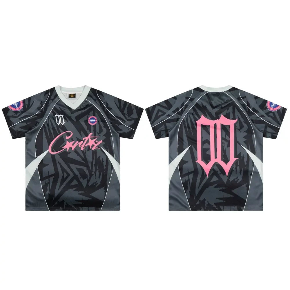 Corteiz Geometric Graphic Athletic Jersey T-Shirt - Black/Grey/Pink