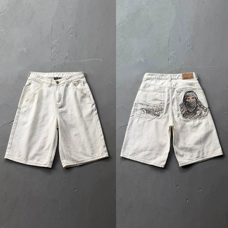 Derschutze Style Retro Statue Embroidered Straight Denim Jeans