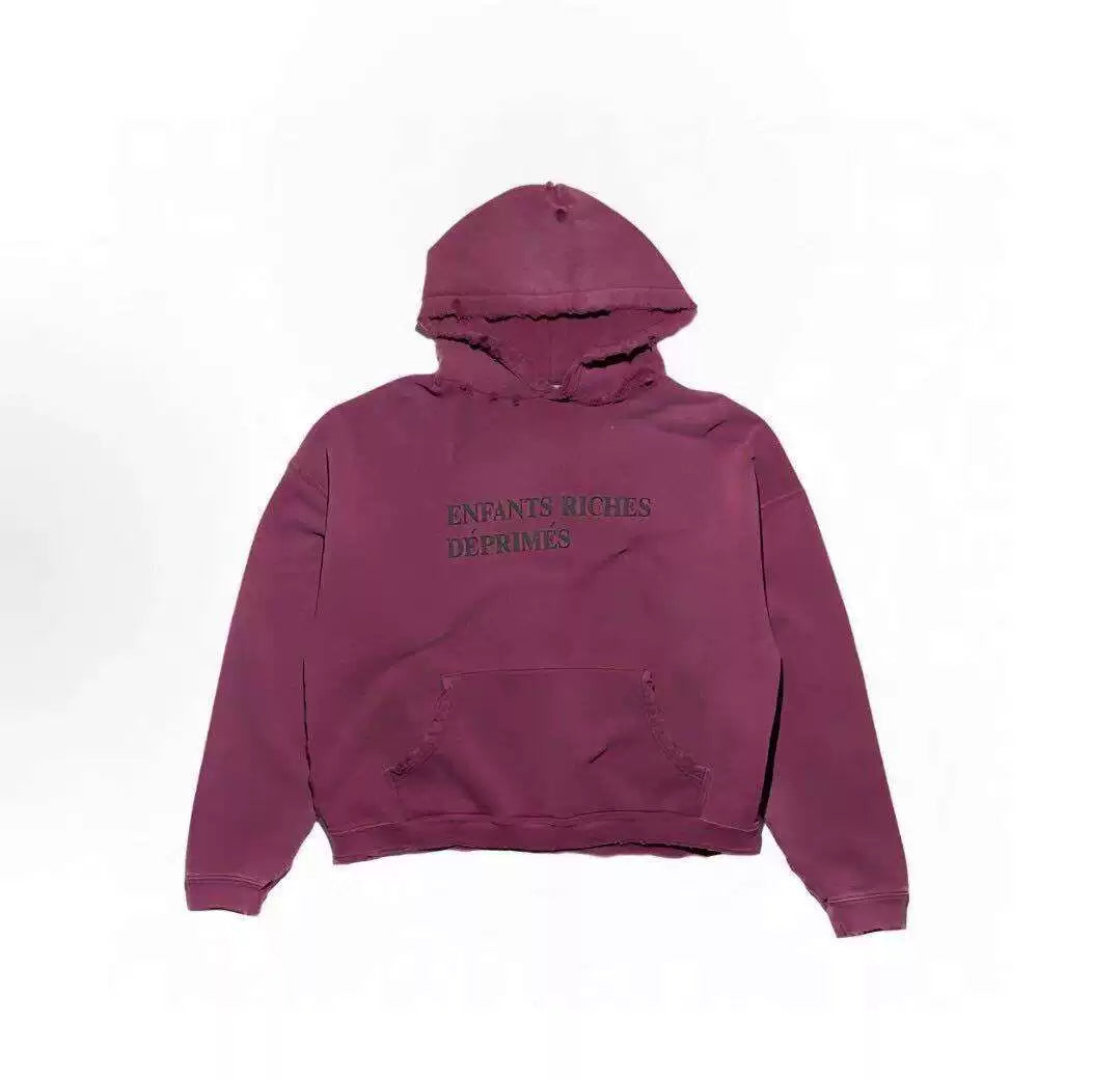 ERD Vintage Oversized Wine Red Graphic Fleece Hoodie