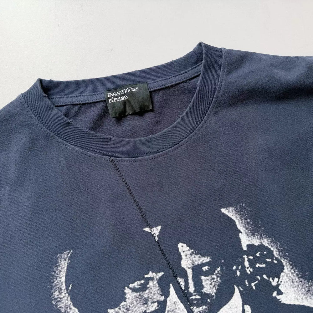 ERD Inspired Distressed Graphic Washed Blue Longsleeve Tee