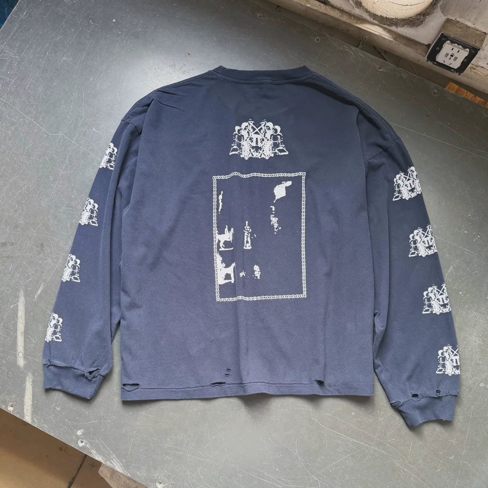 ERD Inspired Distressed Graphic Washed Blue Longsleeve Tee