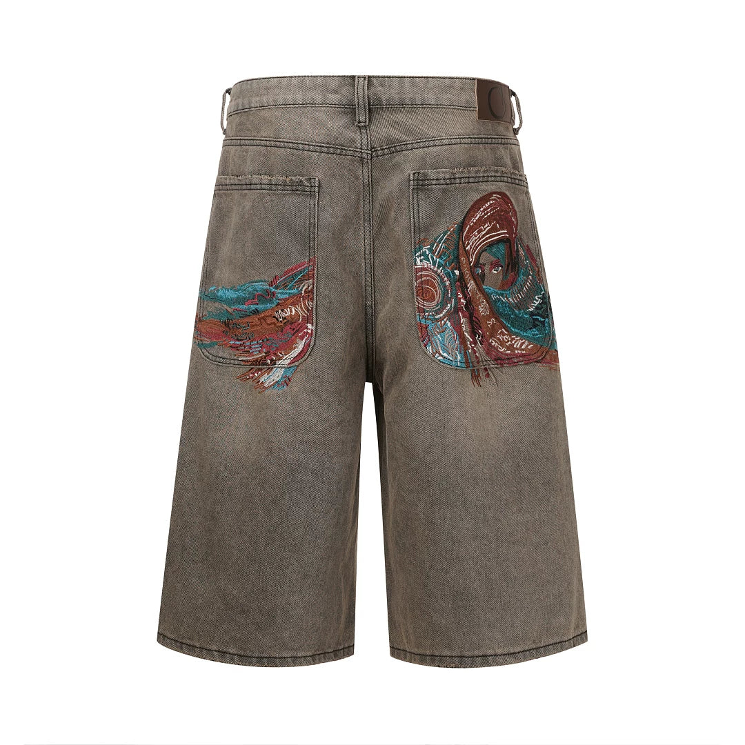 Derschutze Style Heavyweight Embroidered Goddess Denim Shorts