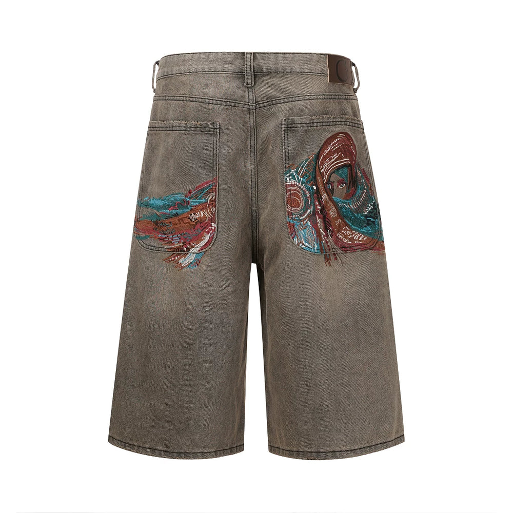 Derschutze Style Heavyweight Embroidered Goddess Denim Shorts