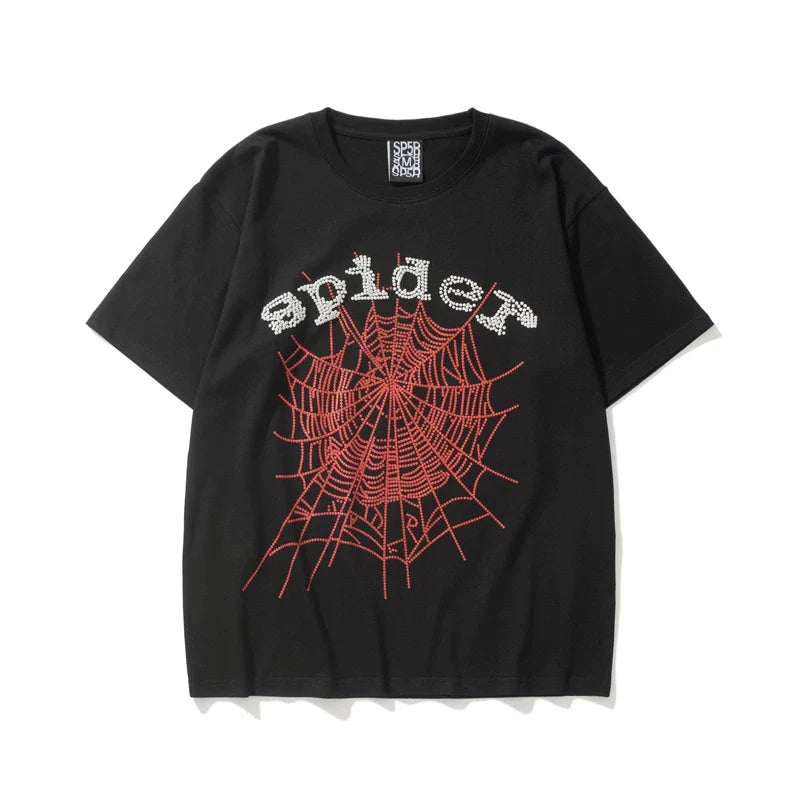 Sp5der Red Web & Rhinestone Letter Graphic Black Short Sleeve T-Shirt