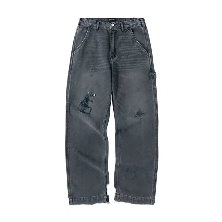 ERD melancholic Distressed Black Straight Leg Jeans