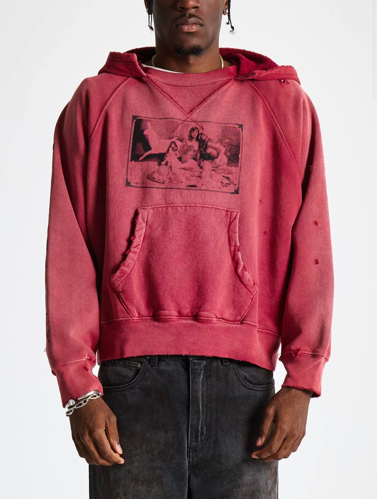ERD's melancholic American Retro Cropped Destroyed Terry Hoodie