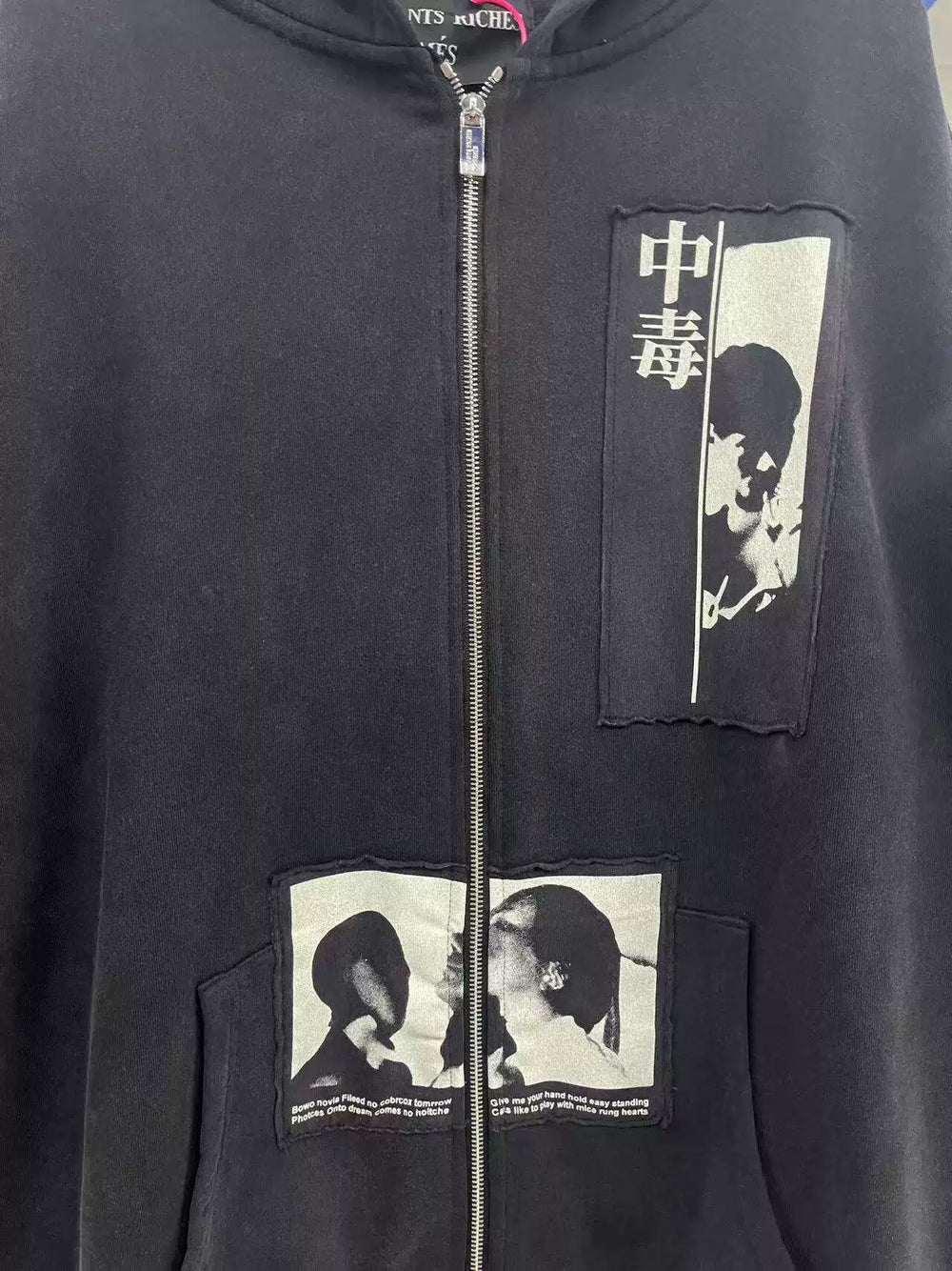 ERD Vintage Character Print Loose Zip Up Hoodie