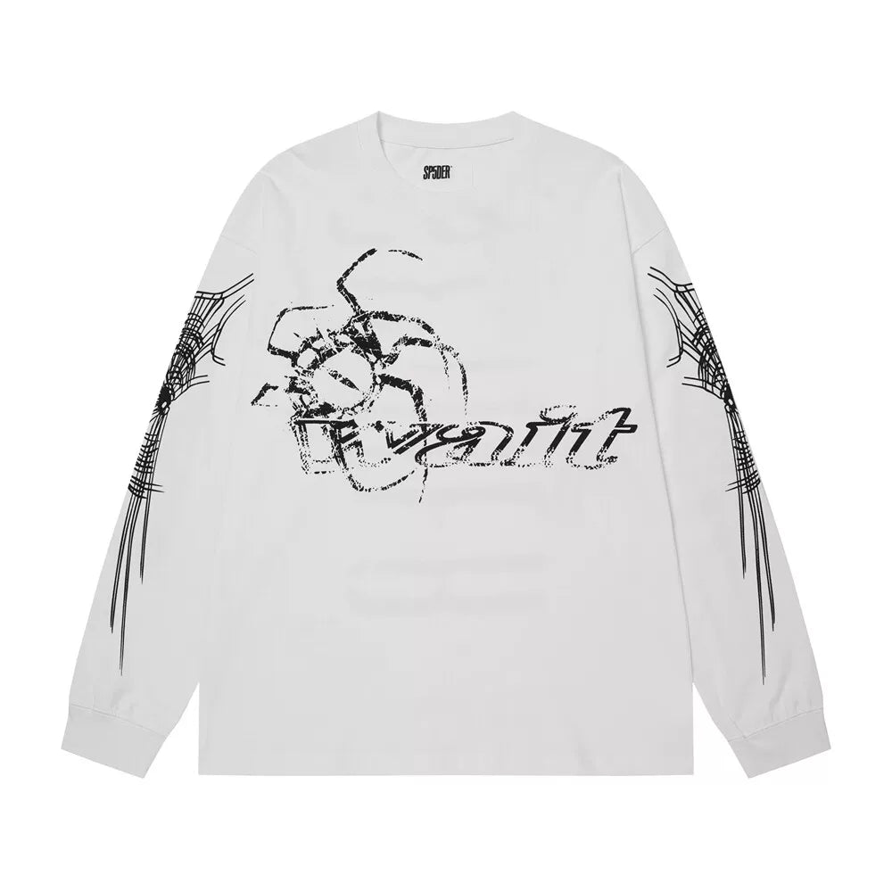 Sp5der Y2K Cyberpunk Graphic Print White Long Sleeve Casual T-Shirt