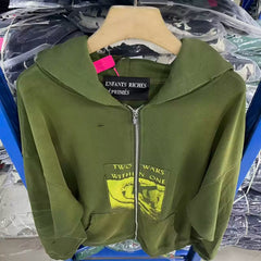 ERD Inspired Slogan Washed Green Zip Up Hoodie