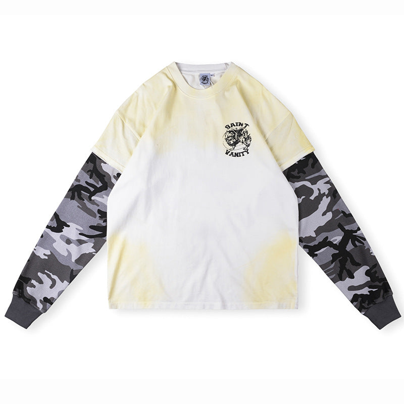 SAINT VANITY Layered-Style Graphic Long-Sleeve T-Shirt - Yellow Tie-Dye / Gray Camo