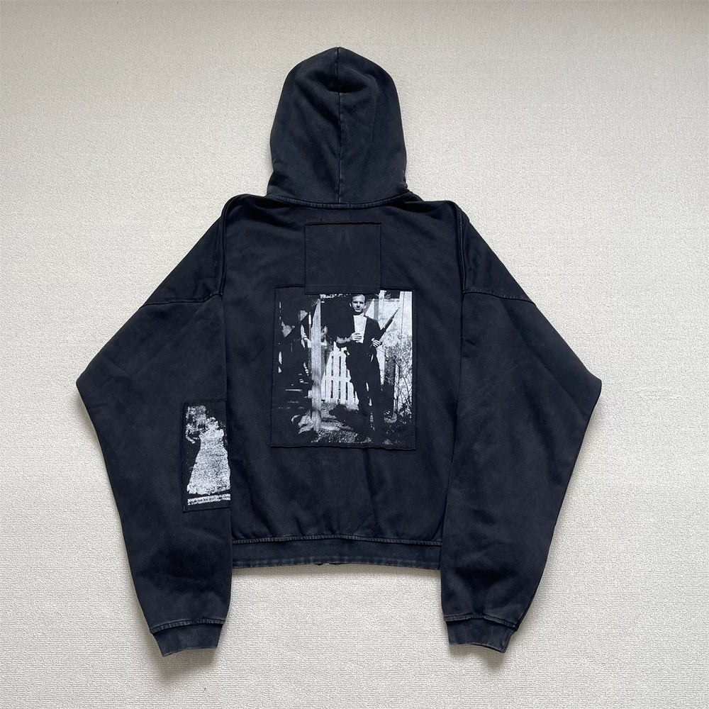 ERD Inspired Art Patchwork Washed Black Zip Hoodie