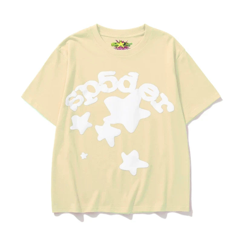 Sp5der Star & White Letter Graphic Light Yellow Short Sleeve T-Shirt
