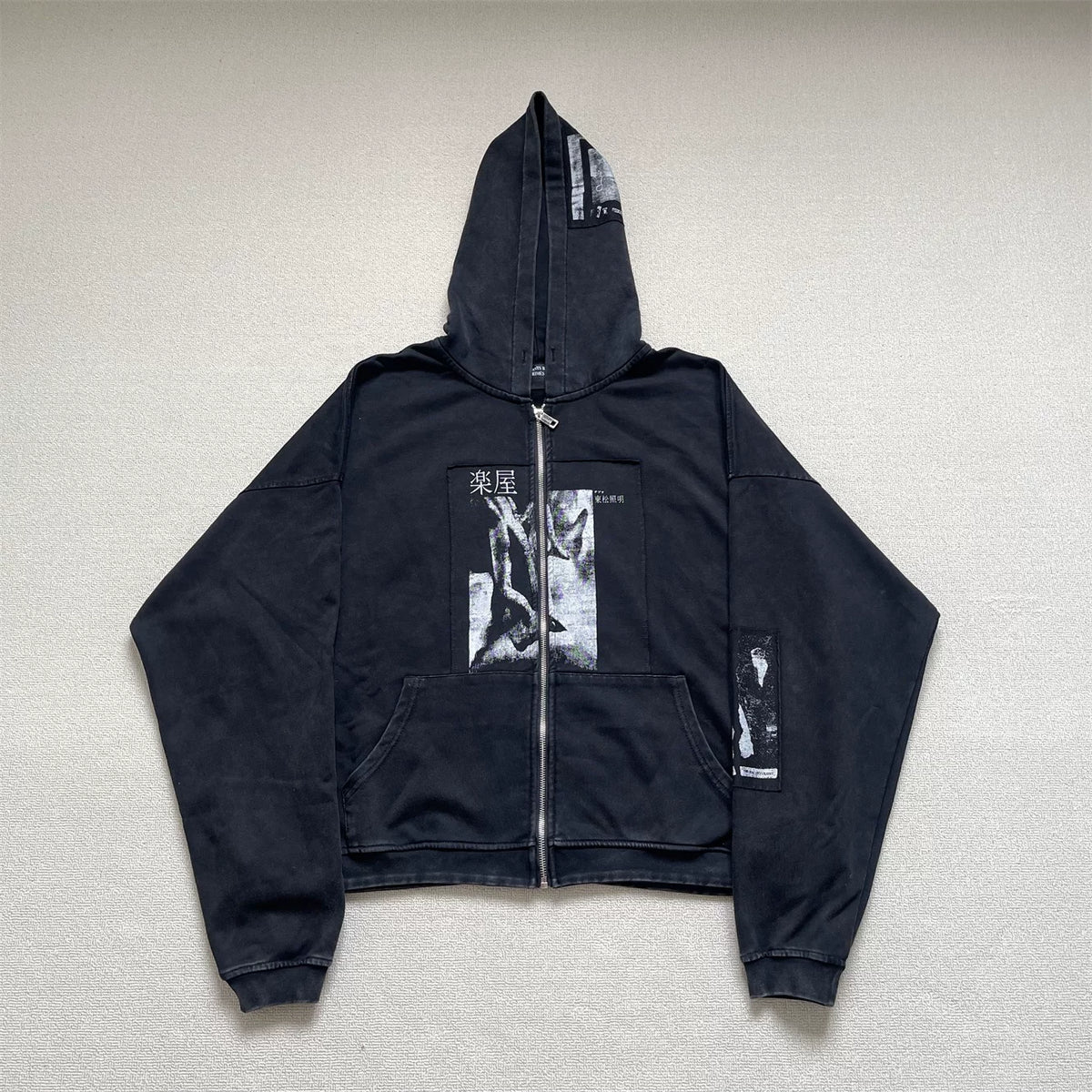 ERD Inspired Art Patchwork Washed Black Zip Hoodie