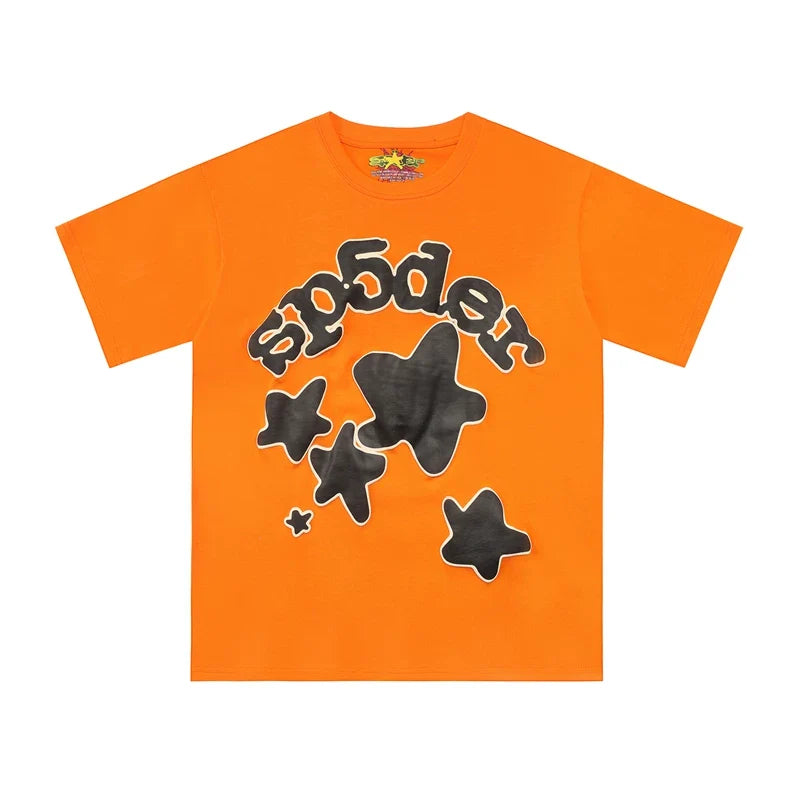 Sp5der Star & Black Letter Graphic Orange Short Sleeve T-Shirt