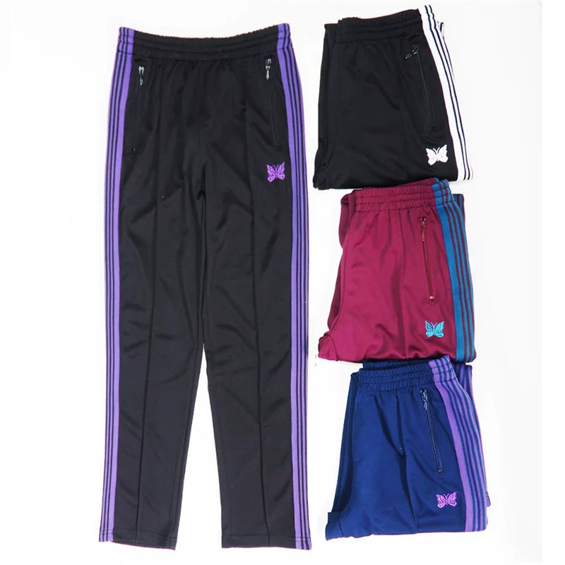 Needles Style Butterfly Embroidered Stripe Track Pants