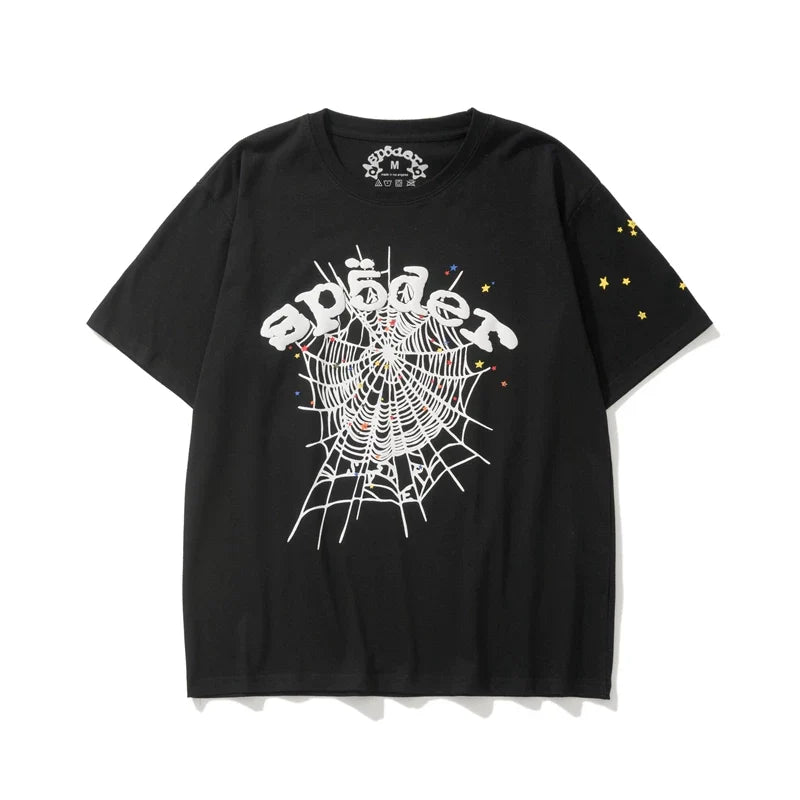 Sp5der White Web & Multicolor Star Graphic Black Short Sleeve T-Shirt