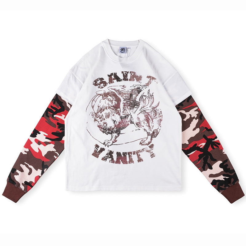 SAINT VANITY Layered-Style Winged Creature Graphic Long-Sleeve T-Shirt - White / Red Camo