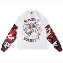 SAINT VANITY Layered-Style Winged Creature Graphic Long-Sleeve T-Shirt - White / Red Camo