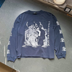 ERD Inspired Distressed Graphic Washed Blue Longsleeve Tee