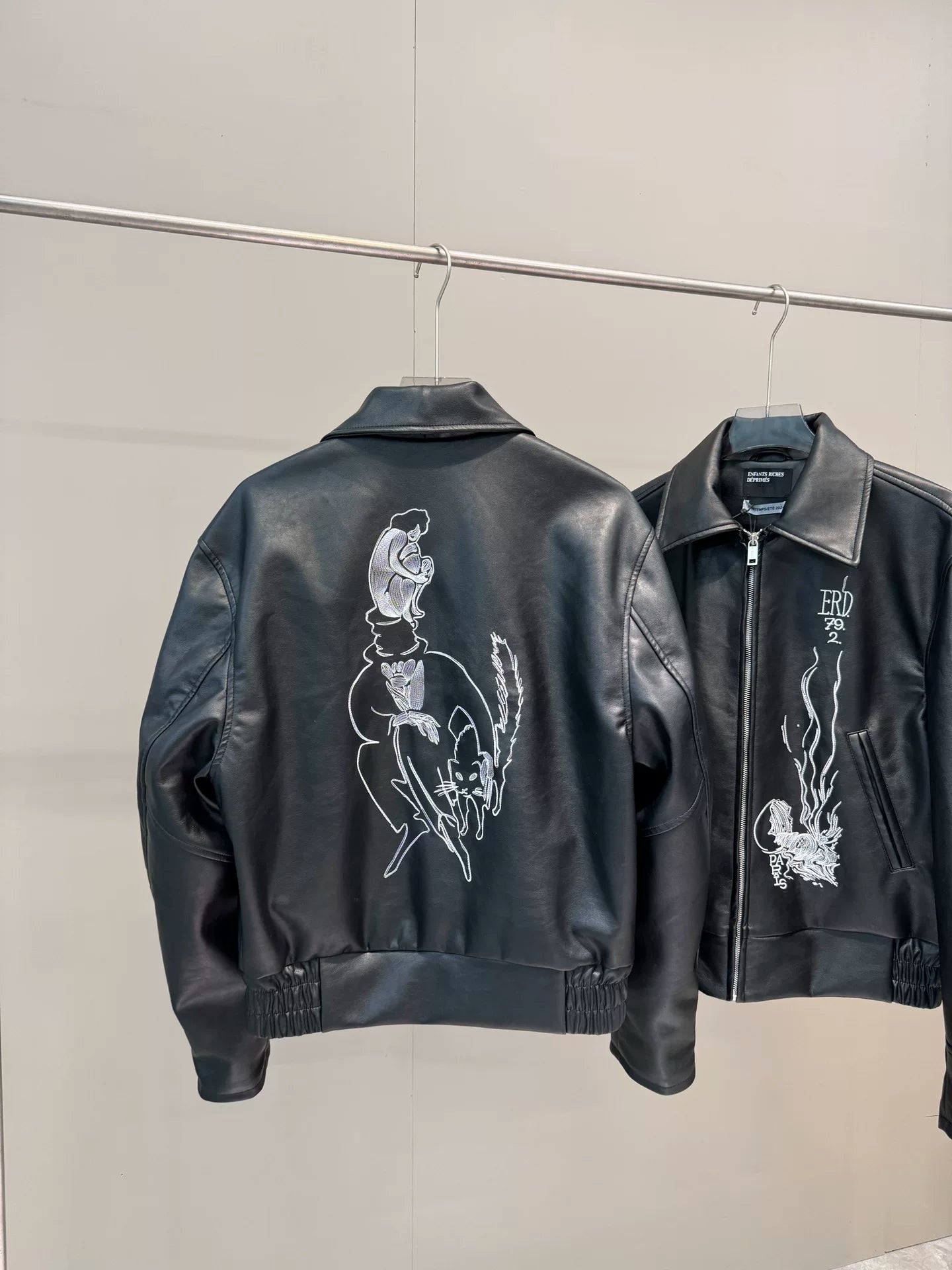ERD Vintage Black Embroidered PU Leather Jacket