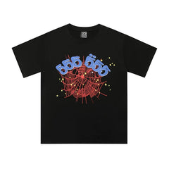 Sp5der 555 555 Red Web & Blue Numbers Graphic Black Short Sleeve T-Shirt