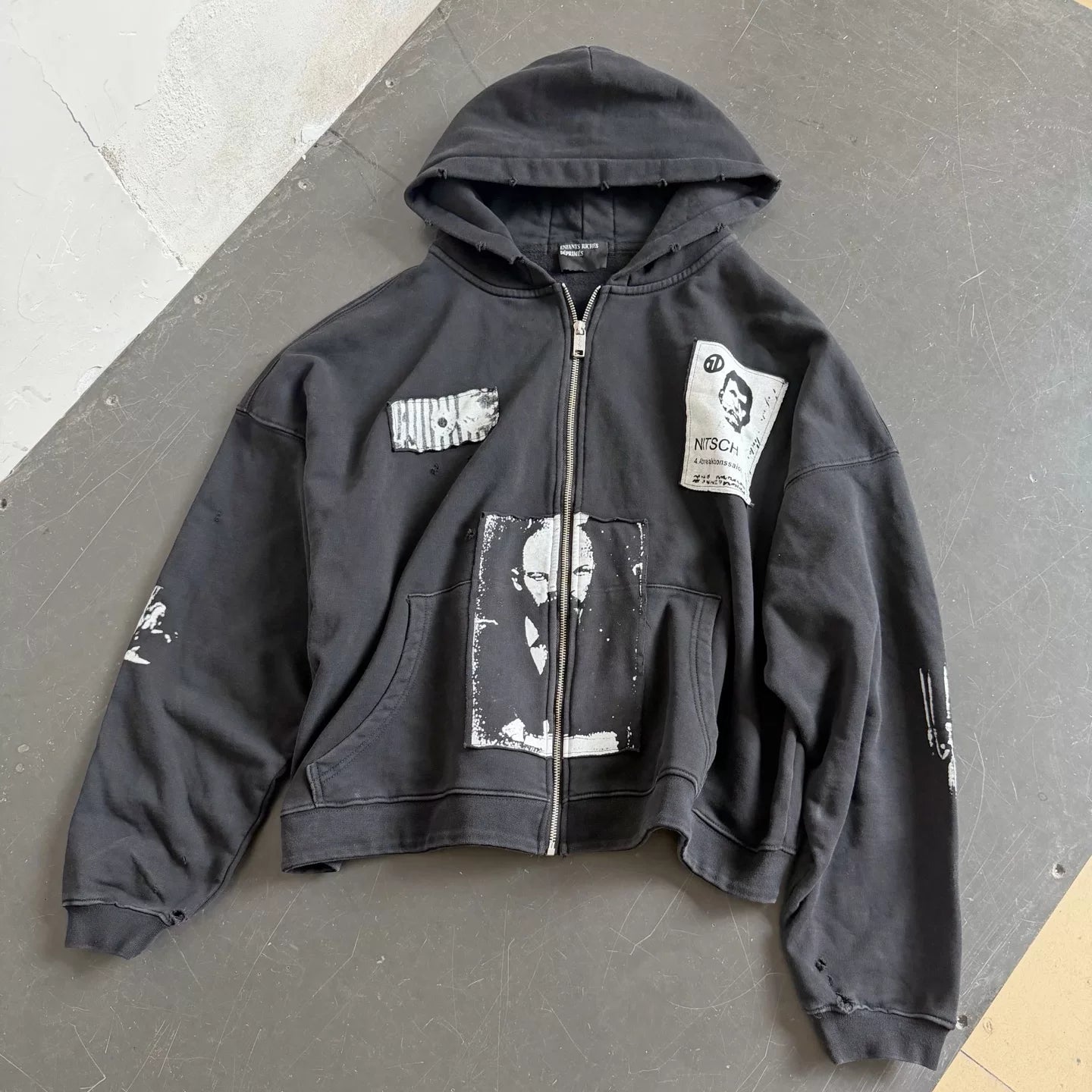 Enfants Riches Deporimes Vintage Washed Black Patchwork Hoodie