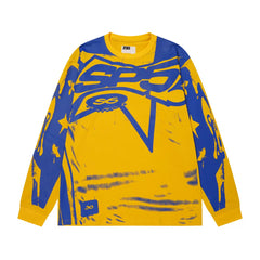 Sp5der SP5 Cyber Graphic Print Yellow and Blue Long Sleeve Casual T-Shirt
