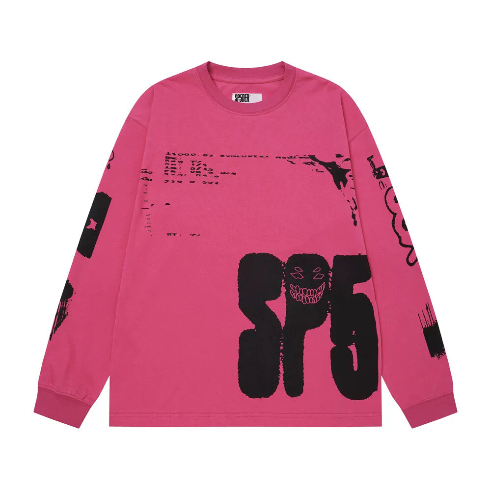 Sp5der SP5 Cyber Smiley Graphic Rose Pink and Black Long Sleeve Casual T-Shirt