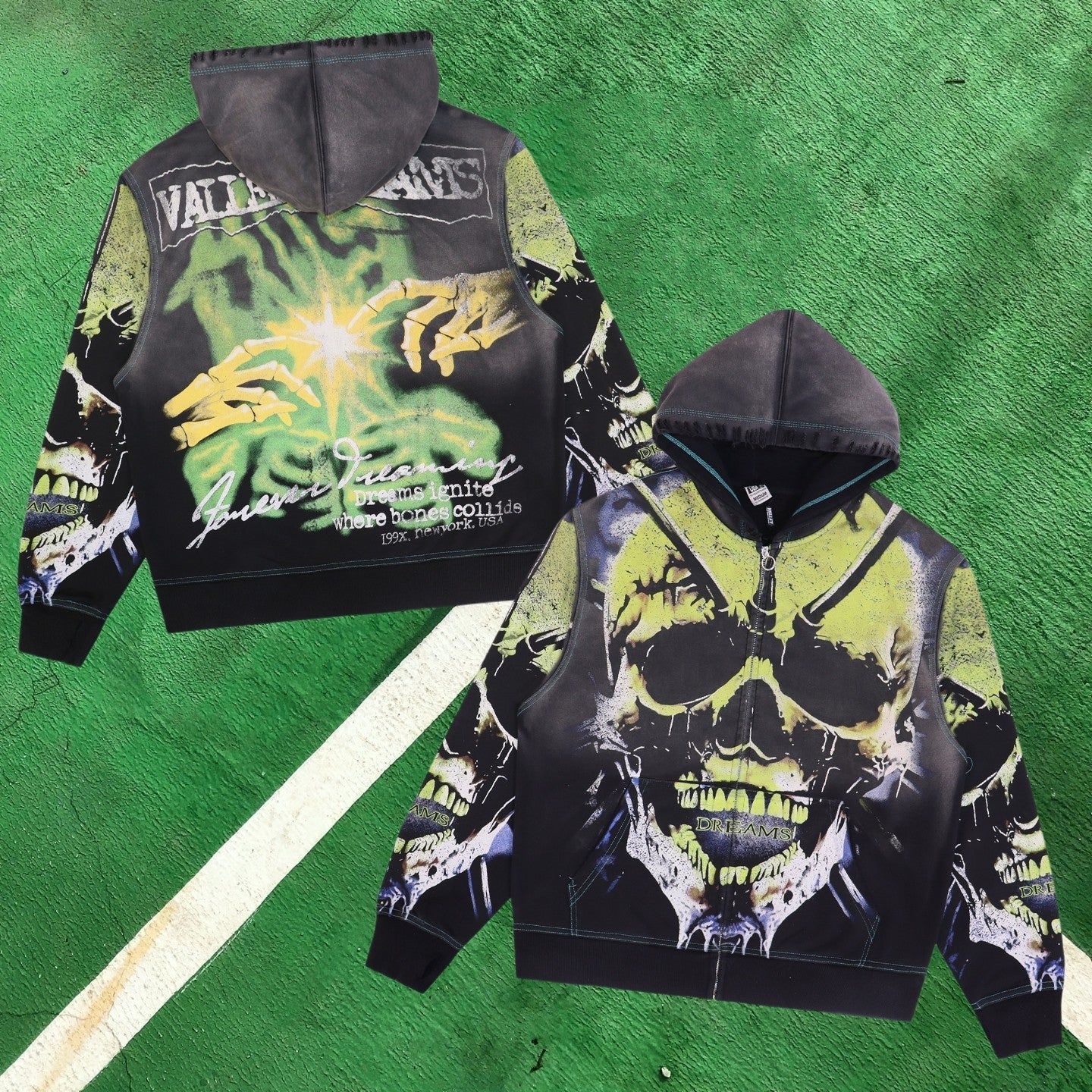 Vale Forever Vintage Graphic Full-Zip Hoodie (Black & Neon Green / Skull & Creation Print)