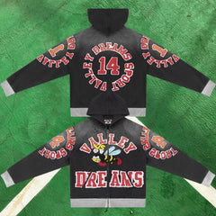 Vale Forever Graphic Full-Zip Hoodie (Washed Black / Red Accents, Bee Motif & Number 14)