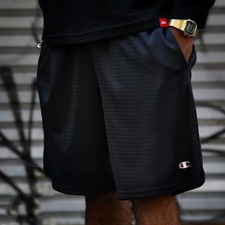 Champion Style Embroidered Cotton Mesh Relaxed Athletic Shorts
