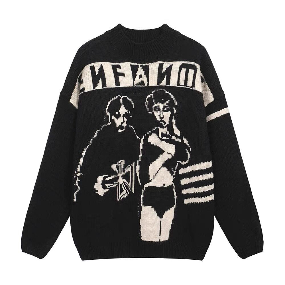 ERD Inspired Slogan Graphic Mock Neck Knit Sweater