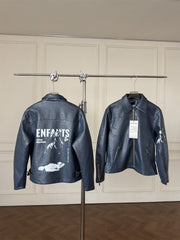 ERD melancholic Distressed Bull Graphic Leather Jacket